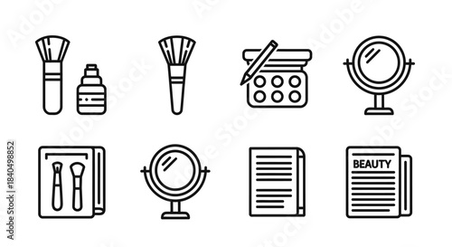 Beauty and Makeup Icons - Brushes, Palette, Mirrors, and Beauty Magazine.