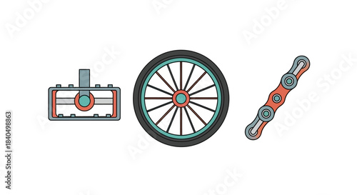 Bicycle Components - Pedal, Wheel, and Chain Illustration.