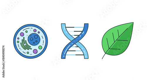 Biology Icons Set - Animal Cell, DNA Double Helix, and Green Leaf Illustrations.