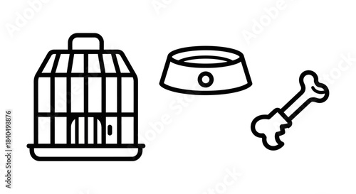 Birdcage, pet bowl, and dog bone line art illustration.