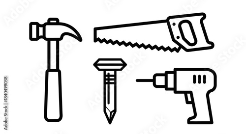 Black and white line art illustration of hammer, saw, nail, and drill.