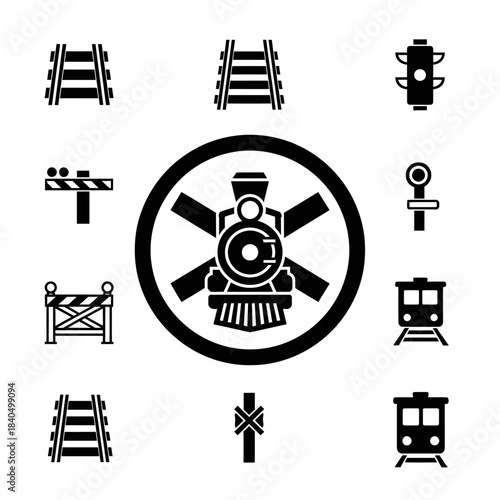 Black and white railway icons set featuring train, tracks, signals, and barriers in a graphic style.