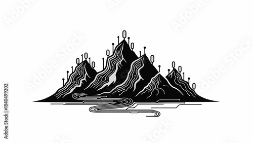 Digital landscape of data streams flowing through a mountainous terrain.