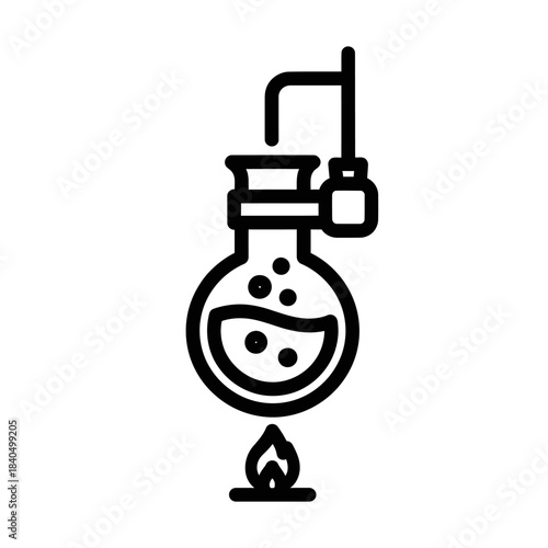 Black line art icon of a round-bottom flask being heated for a chemical distillation experiment.
