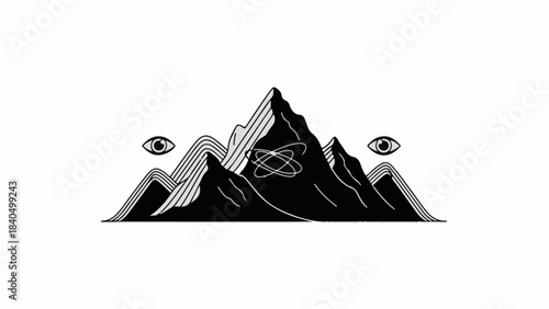 Mysterious mountain peak with cosmic orbit and watchful eyes