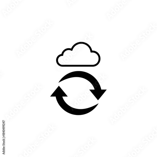 Black outline cloud icon above a solid refresh sync arrow symbol, representing data transfer.