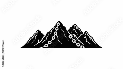 Majestic mountain range silhouette with a winding path of glowing circles