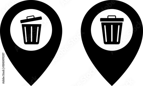 Two black map pointers with trash can icons inside