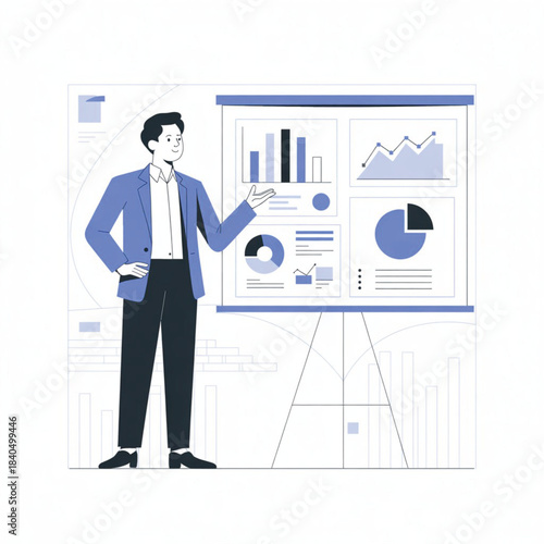 Businessman presenting financial data and charts on a projector screen