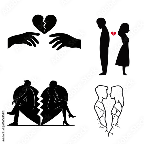 Silhouette of man and woman divided by a broken heart symbol, showing relationship conflict and emotional separation.
