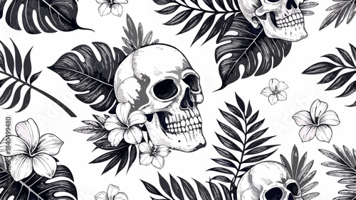 Monochrome Seamless Pattern with Skulls and Engraving Style Tropical Palm Leaves