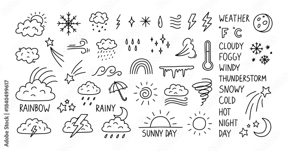 Naklejka premium Doodle weather icons with hand draw cute sun and cloud. Sketchy line art rain and snow with scribble rainbow and storm. Outline vector signs thermometer and windy, sunny in kid drawn style