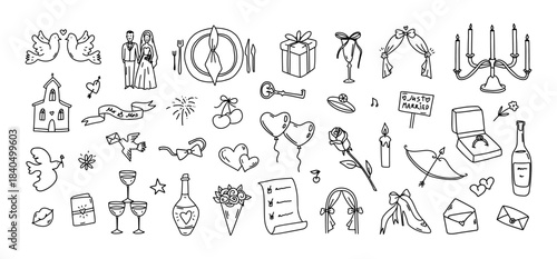 Wedding and marriage doodle vector set. Love celebration icons. Romantic symbols bride and groom with ring, hearts and church outline. Linear party, couple, bouquet and ceremony elements