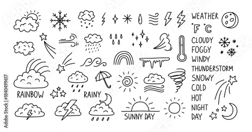 Doodle weather icons with hand draw cute sun and cloud. Sketchy line art rain and snow with scribble rainbow and storm. Outline vector signs thermometer and windy, sunny in kid drawn style