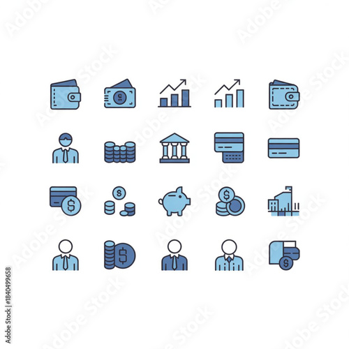 Collection of blue finance and business icons on white background
