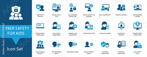 Cyber Safety for Kids  Family Security icon set. Digital protection, parental control, online privacy, anti-bullying, and child monitoring symbols for educational and technology projects.