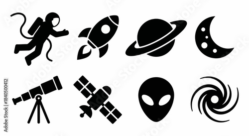Collection of space exploration icons featuring an astronaut, rocket, planet, moon, telescope, satellite, alien head, and black hole for science designs
