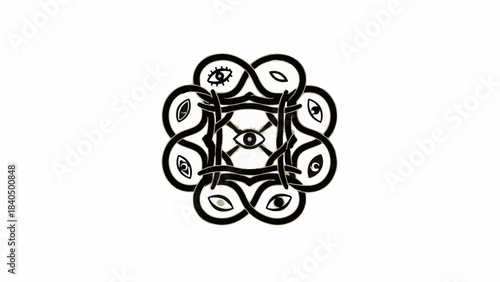 Intricate geometric pattern with multiple eyes, symbolizing perception and awareness