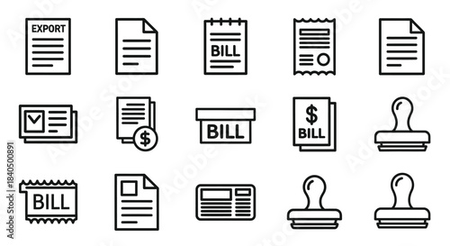 Minimalist Black Outline Icons - Financial Documents, Bills, Receipts, Invoices, and Official Stamps Vector Set.