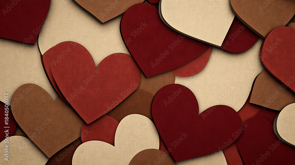 Obraz premium Paper heart collage background texture valentine hearts layered arrangement romantic pattern with warm tones and subtle fabric feel evokes cozy affectionate mood