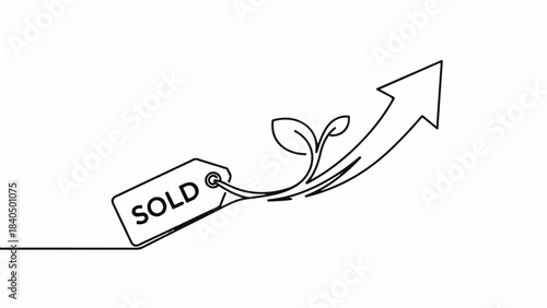 Growth and success symbolized by a plant emerging from a sold tag, ascending with an upward arrow.