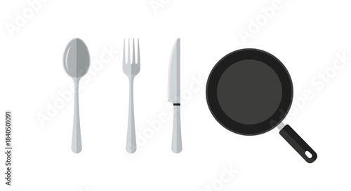 Minimalist flat icon set of kitchen utensils - spoon, fork, knife, and black frying pan.