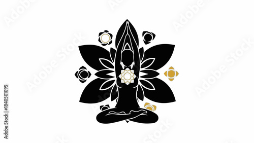 Serene figure meditating within an ornate lotus blossom, embodying peace and spiritual awakening.