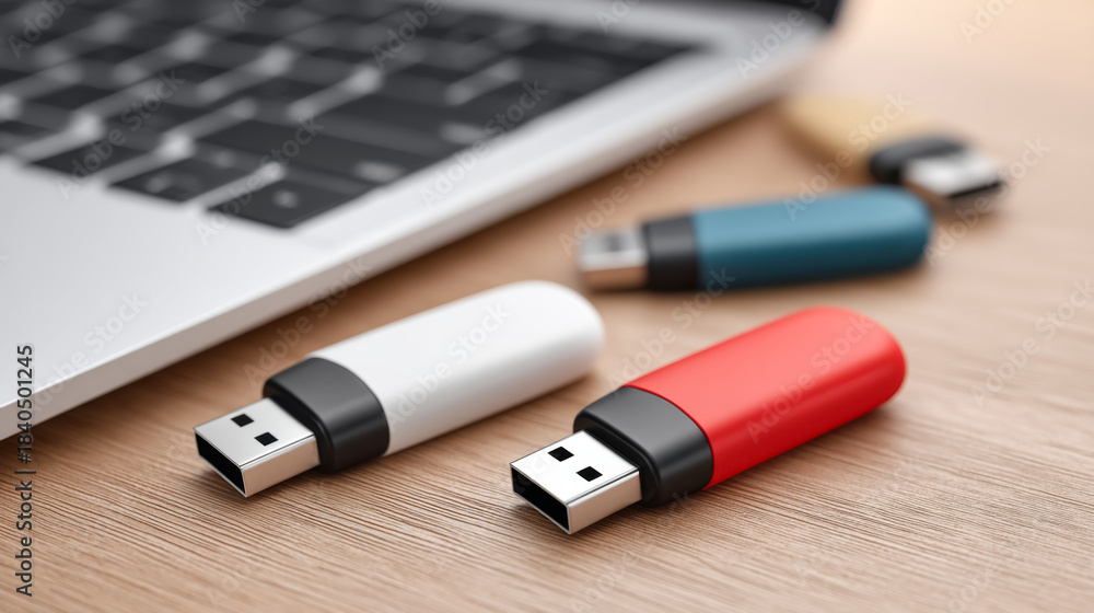 Fototapeta premium Usb flash drive with laptop for portable storage technology and data transfer