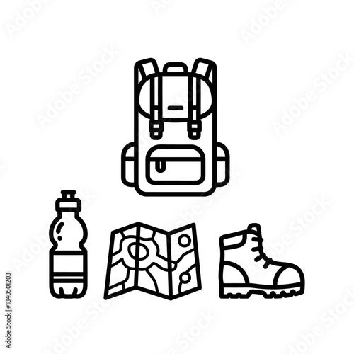 Minimalist line art hiking and travel essentials set - backpack, water bottle, folded map, and sturdy boot icons.