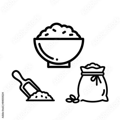 Minimalist line art icon set of rice in a bowl, a sack of grain, and a scoop with flour.