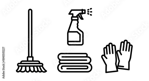 Minimalist Line Art Icons - Broom, Spray Bottle, Towels, and Gloves for Cleaning.