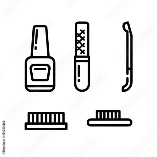 Minimalist line art icons of essential nail care tools - polish, file, pusher, brushes.