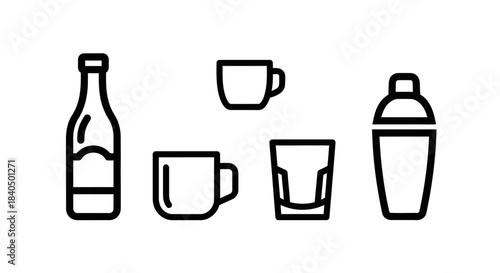 Minimalist Line Art of Barware - Bottle, Cups, Glass, and Shaker.