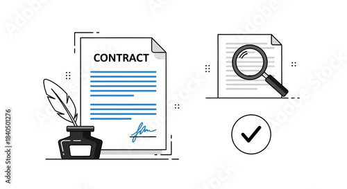 Minimalist line art icons of a signed contract with a quill pen, document review with a magnifying glass, and an approval checkmark.