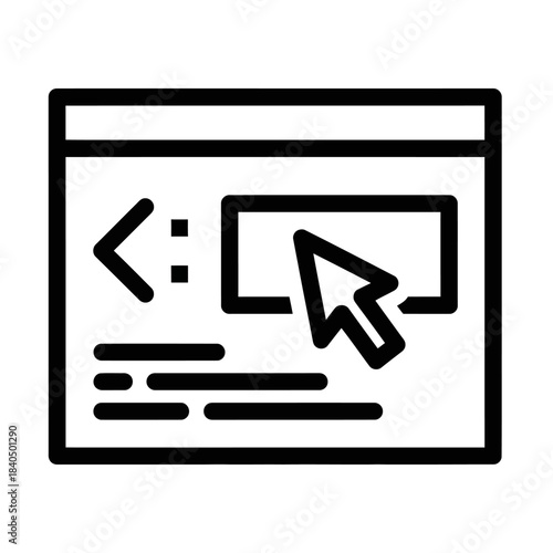Minimalist line icon of a browser window with code symbol and cursor clicking a button.