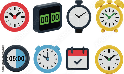 3D illustration of clocks and timers with calendar icons, wristwatch, alarm clock, digital clock, stopwatch, and schedule reminder