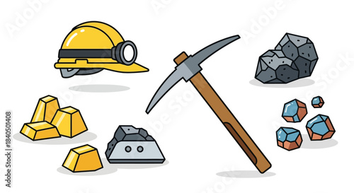 Mining Equipment and Resources - A Cartoon Illustration of Gold, Coal, and Tools.