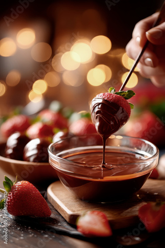 hands dipping strawberries into melted chocolate, romantic warm lighting background