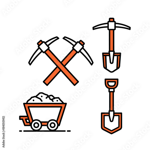 Mining Tools Set - Pickaxes, Shovels, and Cart with Ore, Flat Design.