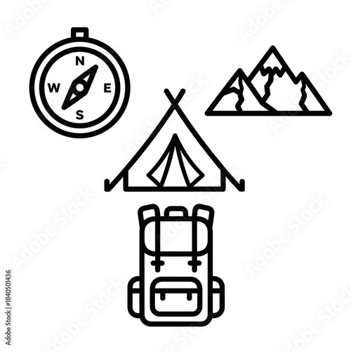 Minimalist black line art icon set for camping and hiking, featuring a compass, tent, mountains, and backpack.