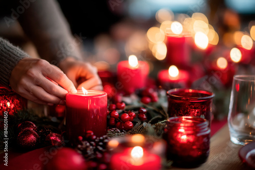 hands lighting Valentine's Day candles on a decorated table