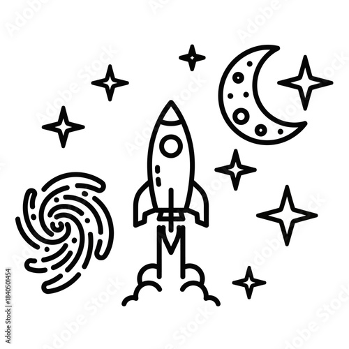 Minimalist black line art of a launching rocket ship surrounded by stars, a crescent moon, and a spiral galaxy.