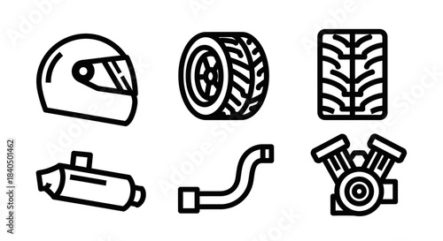 Minimalist Black Line Art Icons of Motorcycle Racing Gear and Engine Components Collection.