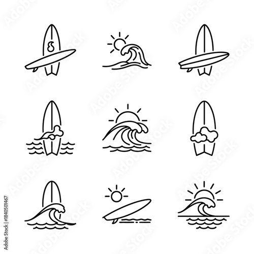 Minimalist Black Line Art Surfboards with Waves and Sun, Summer Theme Design.