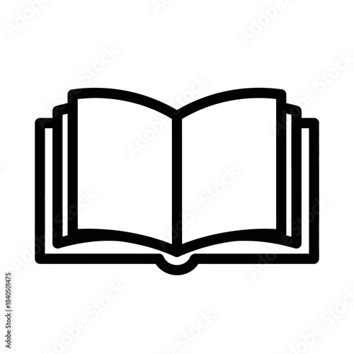Minimalist black line icon of an open book with layered pages and a curved spine.