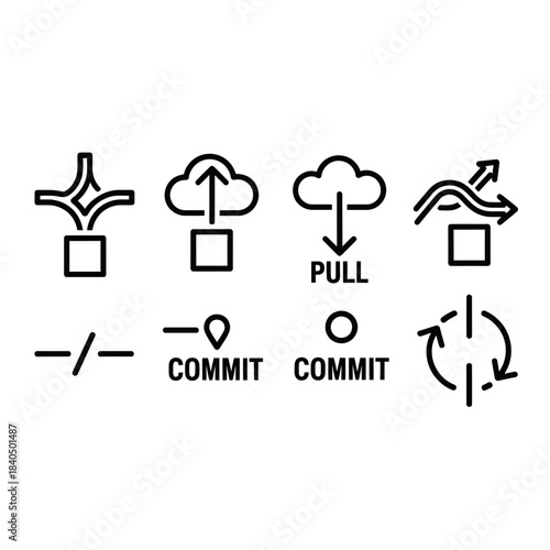 Minimalist black line icons for software development version control - merge, push, pull, commit, branch, diff, rebase.