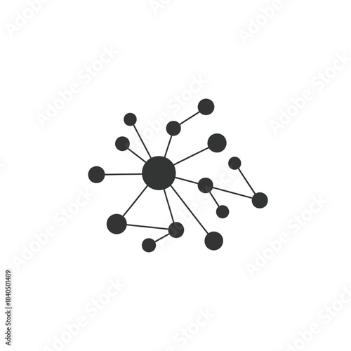 Minimalist black network graphic with a central hub and interconnected circular nodes.
