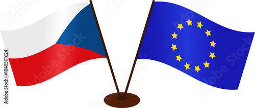 The Czech and EU flags fluttering on a single base