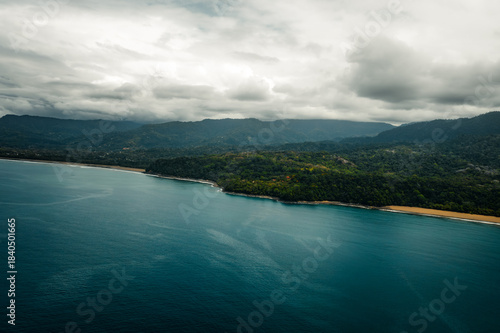 Aerial View of Tropical Coastline and Rainforest Hills in Uvita Costa Rica