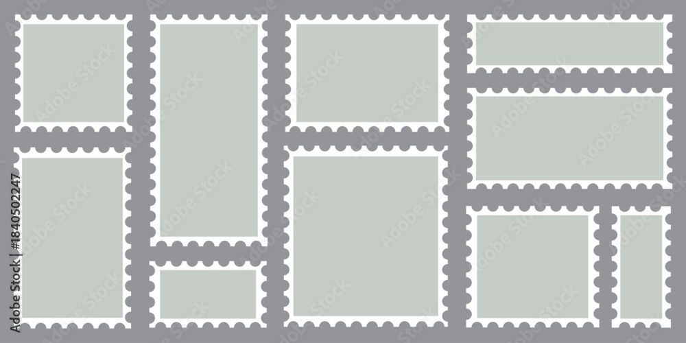 Obraz premium Blank set of postage stamps. Postage stamp frames. Postage shape borders. Vector illustration.